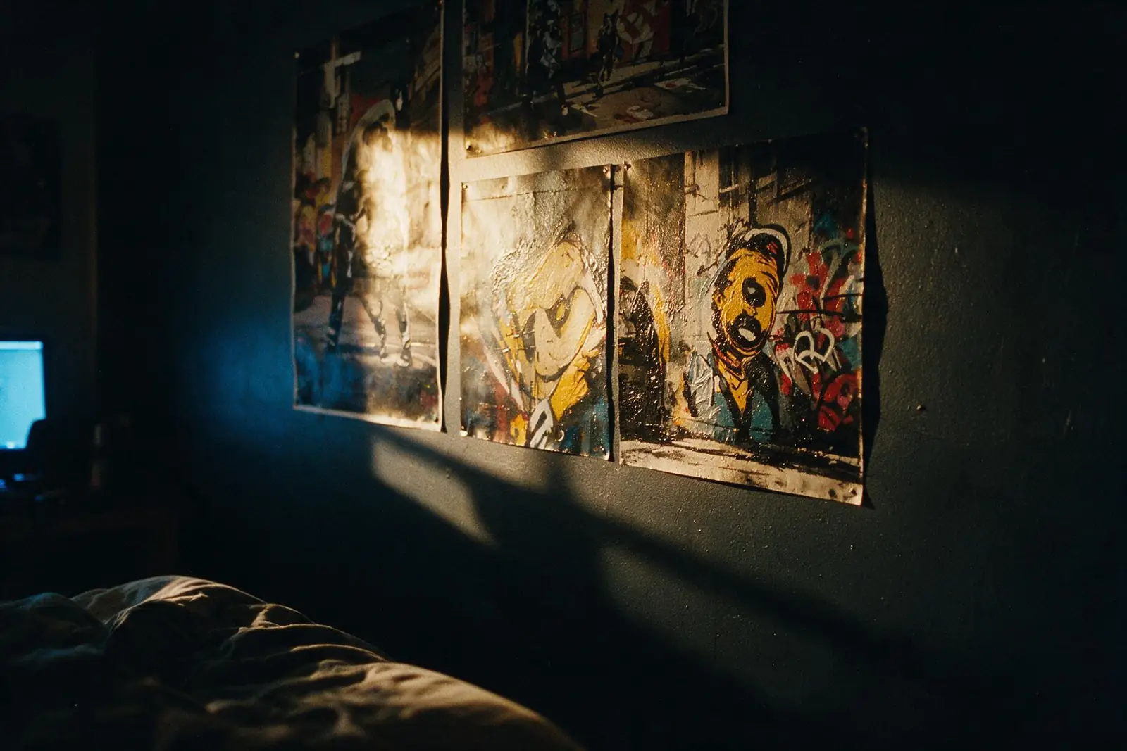 Three LOST posters mounted flush on a dark bedroom wall, lamp light raking across the textured ink